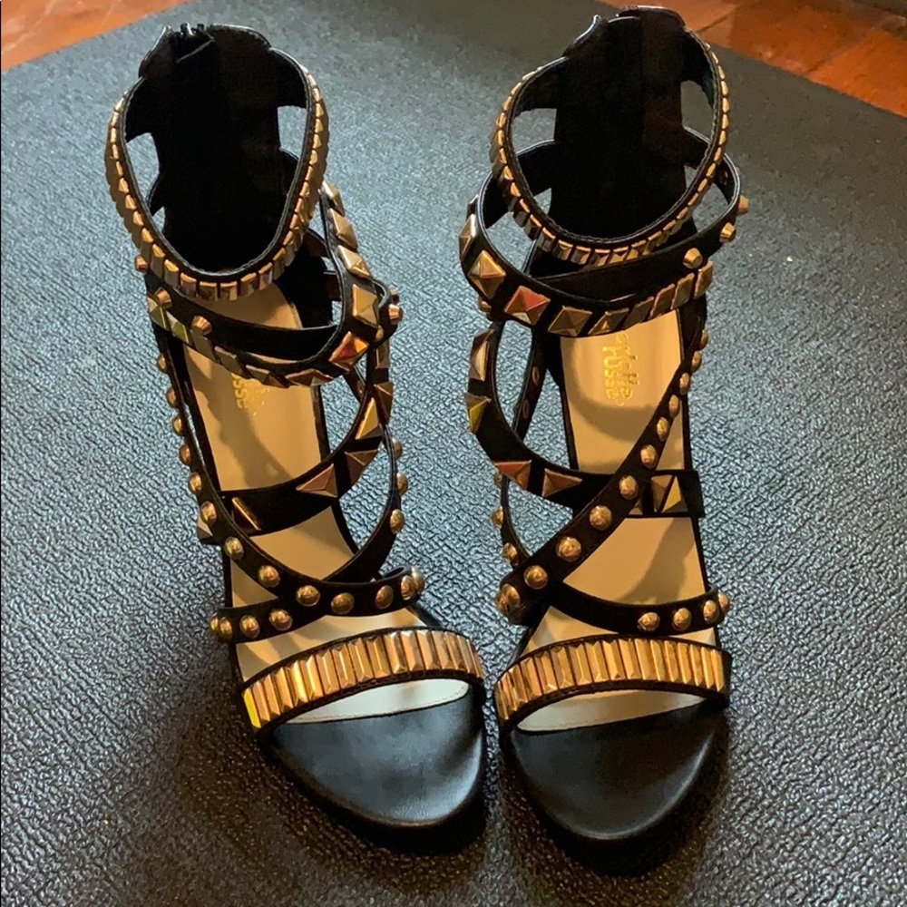 Size 8 black heels with gold studs